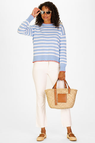 Blanket Stitch Sweater in Light Blue & White