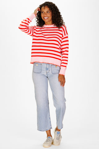 Blanket Stitch Sweater in Light Pink & Red Orange Stripe
