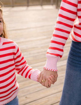 Girls Blanket Stitch Sweater in Light Pink & Orange Stripe