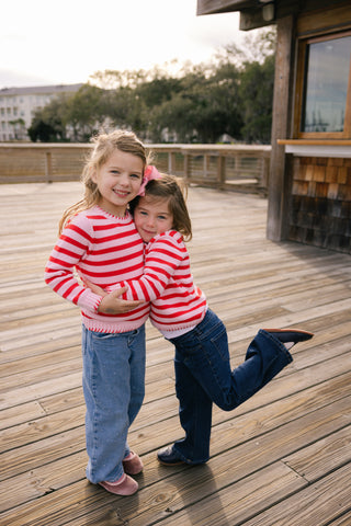 Girls Blanket Stitch Sweater in Light Pink & Orange Stripe