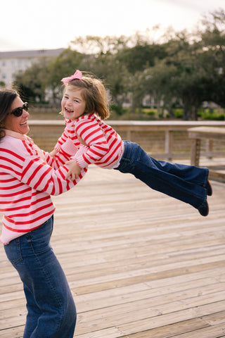 Girls Blanket Stitch Sweater in Light Pink & Orange Stripe