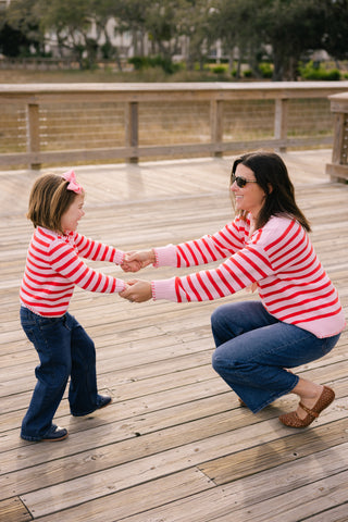 Blanket Stitch Sweater in Light Pink & Red Orange Stripe