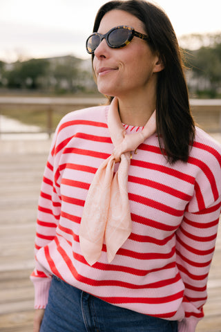 Blanket Stitch Sweater in Light Pink & Red Orange Stripe