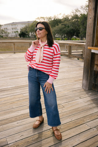 Blanket Stitch Sweater in Light Pink & Red Orange Stripe