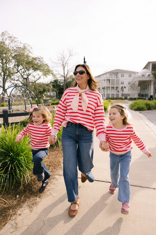 Girls Blanket Stitch Sweater in Light Pink & Orange Stripe