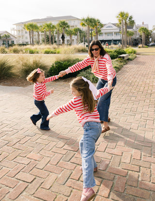 Blanket Stitch Sweater in Light Pink & Red Orange Stripe