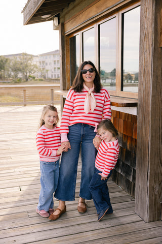 Blanket Stitch Sweater in Light Pink & Red Orange Stripe