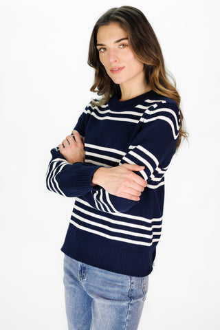 Blythe Sweater in Navy with Ivory Stripe