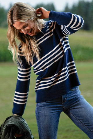 Blythe Sweater in Navy with Ivory Stripe