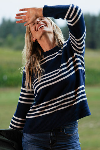 Blythe Sweater in Navy with Ivory Stripe