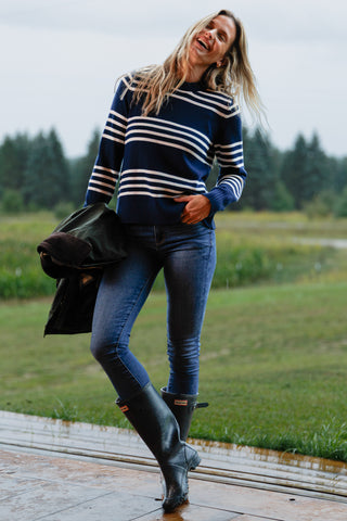 Blythe Sweater in Navy with Ivory Stripe