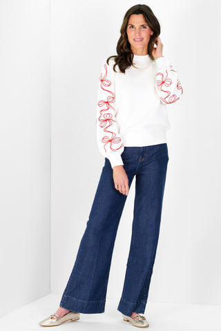 Bow Sleeve Crew Neck Sweater in Ivory