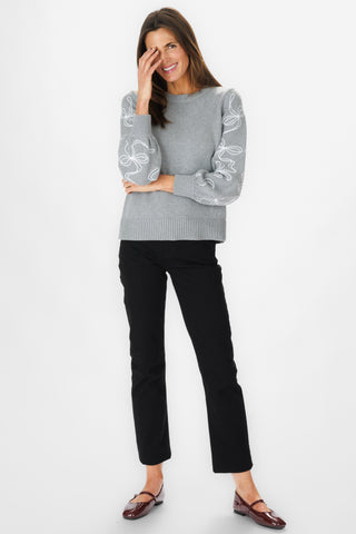 Bow Sleeve Crew Neck Sweater in Heathered Gray