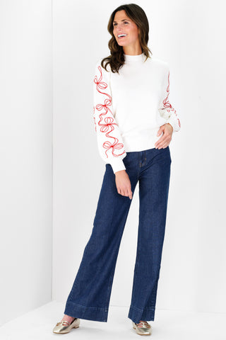 Bow Sleeve Crew Neck Sweater in Ivory