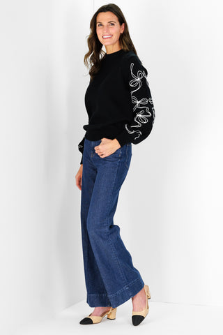 Bow Sleeve Crew Neck Sweater in Black