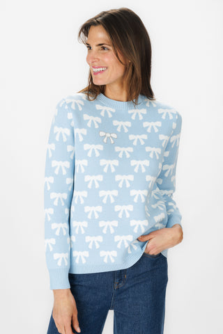 Bow Crew Neck Sweater in Light Blue