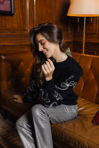 Bow Sleeve Crew Neck Sweater in Black