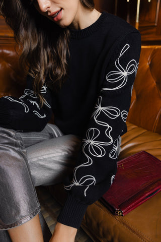 Bow Sleeve Crew Neck Sweater in Black