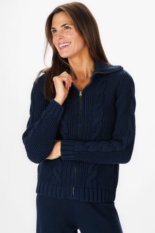 Cable Knit Zip Up Cardigan in Navy