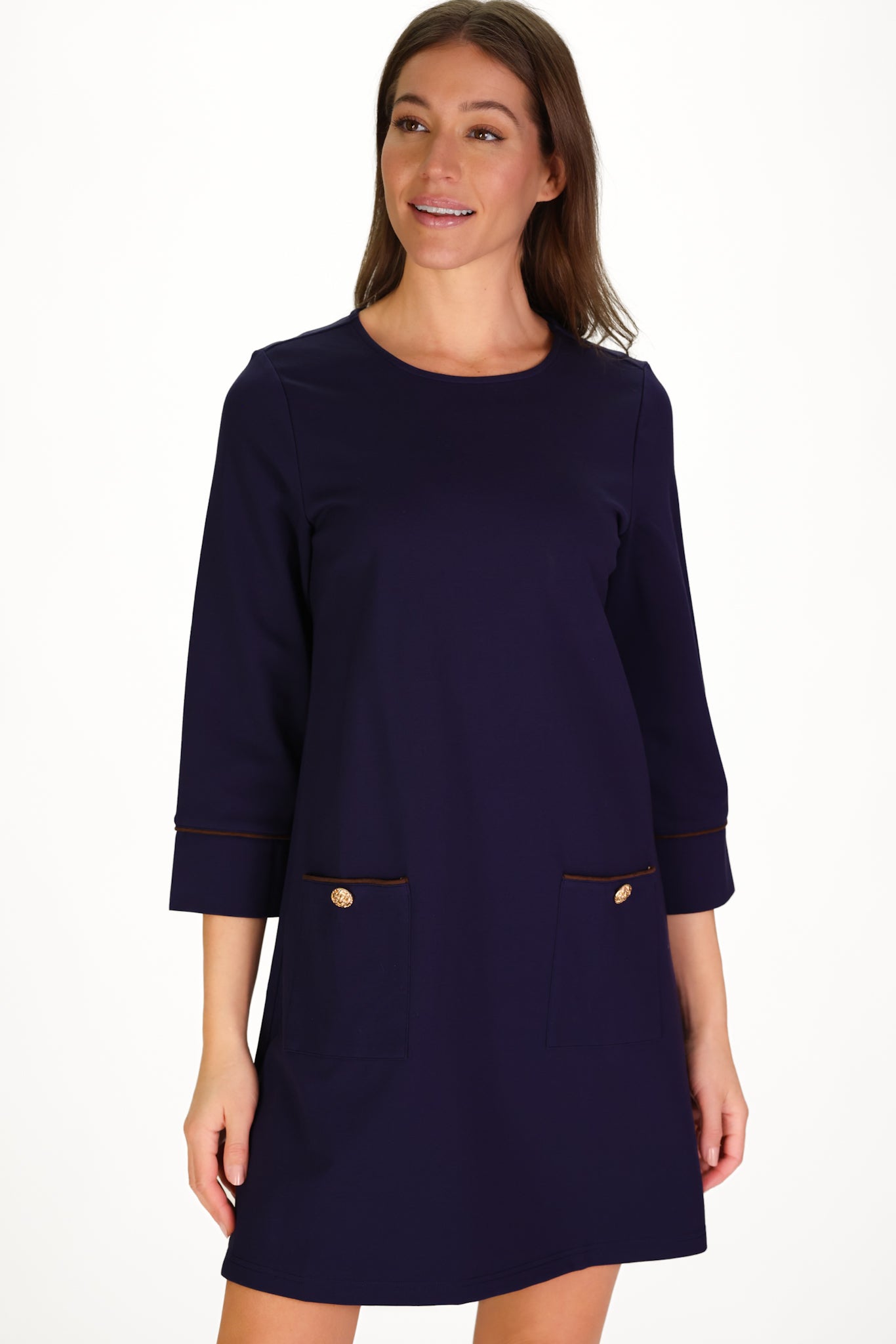 Caitlyn Dress in Navy Ponte | Elegant A-Line Work to Dinner Style S Caitlyn Dress in Navy Ponte | Elegant A-Line Work to Dinner Style S