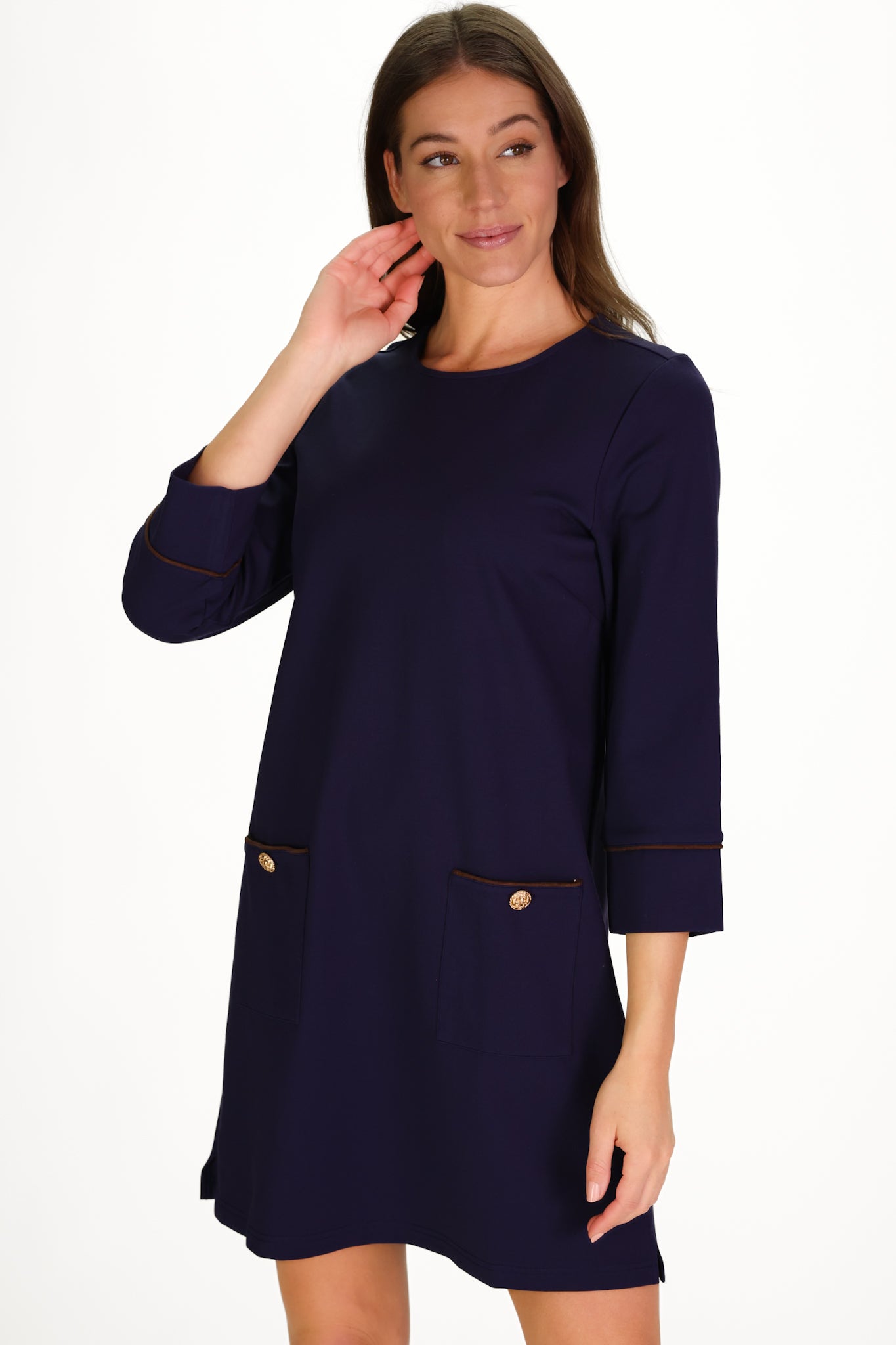 Caitlyn Dress in Navy Ponte | Elegant A-Line Work to Dinner Style S Caitlyn Dress in Navy Ponte | Elegant A-Line Work to Dinner Style S