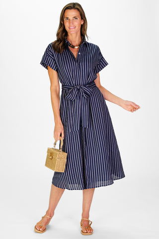 Women's Callahan Dress in Navy Linen Stripe
