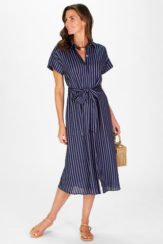 Women's Callahan Dress in Navy Linen Stripe