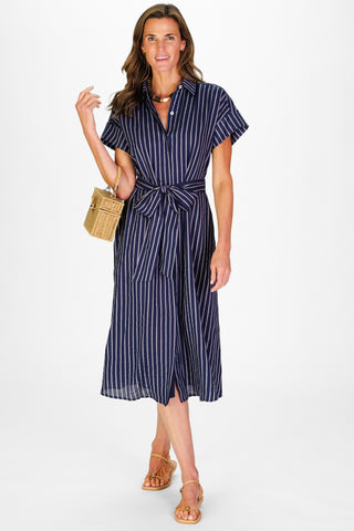 Women's Callahan Dress in Navy Linen Stripe