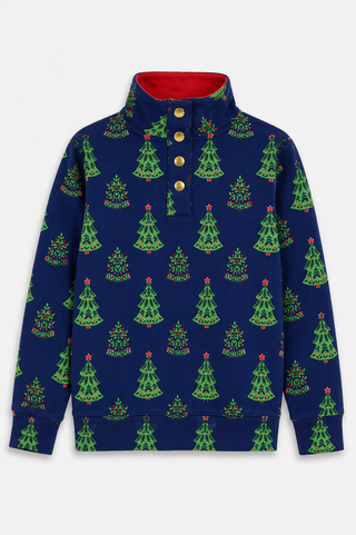Girls Baker Quarter Zip in Navy Festive Trees