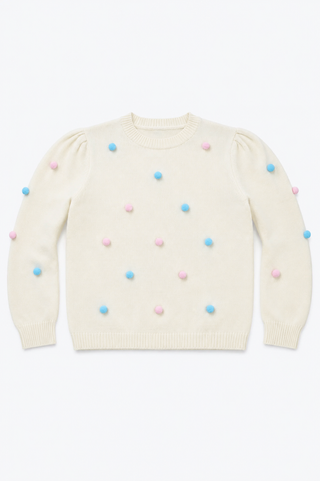 Girls Pom Pom Crewneck Sweater in Ivory