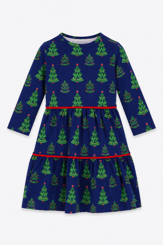 Girls Ashton Dress in Navy Festive Trees