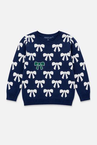 Girls Puff Sleeve Bow Sweater in Navy