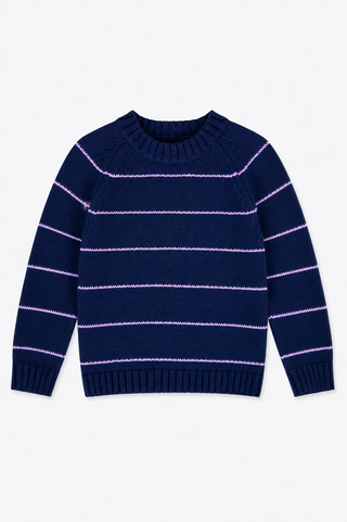 Girls Navy and Lilac Hand Stitched Stripe Blythe Sweater