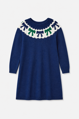 Girls Bow Sweater Dress in Navy