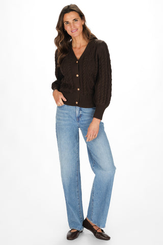 Chloe Cable Knit Cardigan in Chocolate with Gold Buttons