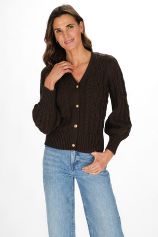 Chloe Cable Knit Cardigan in Chocolate with Gold Buttons