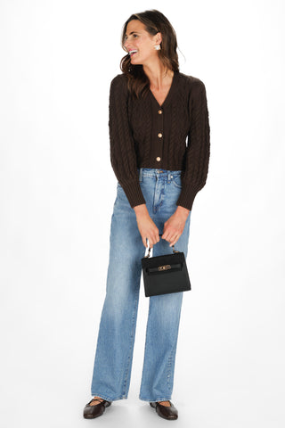 Chloe Cable Knit Cardigan in Chocolate with Gold Buttons
