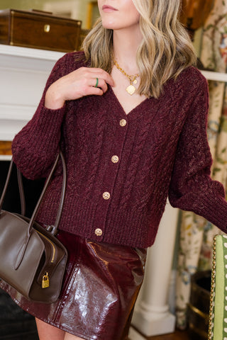Chloe Cable Knit Cardigan in Cranberry Shimmer