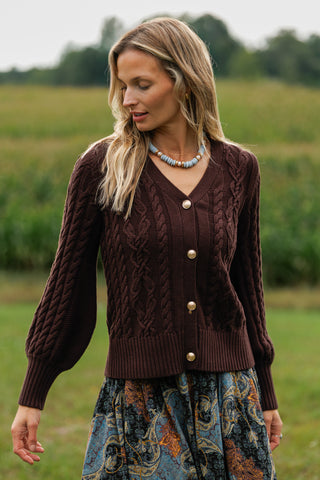 Chloe Cable Knit Cardigan in Chocolate with Gold Buttons