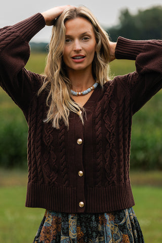 Chloe Cable Knit Cardigan in Chocolate with Gold Buttons