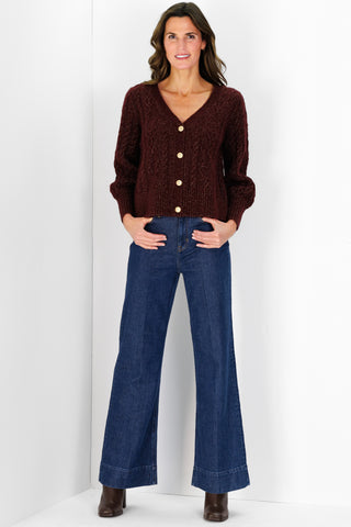 Chloe Cable Knit Cardigan in Cranberry Shimmer