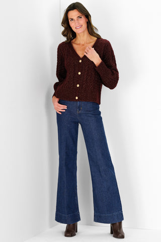 Chloe Cable Knit Cardigan in Cranberry Shimmer