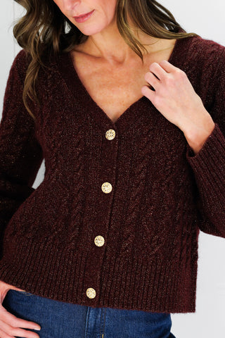 Chloe Cable Knit Cardigan in Cranberry Shimmer