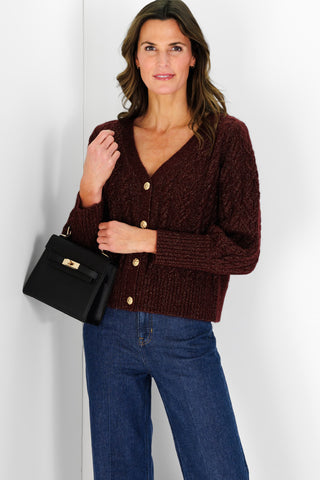 Chloe Cable Knit Cardigan in Cranberry Shimmer