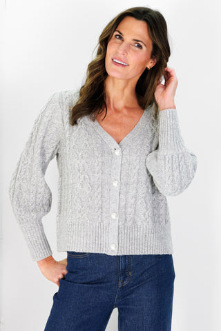Chloe Cable Knit Cardigan in Silver Shimmer