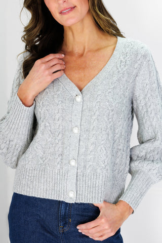 Chloe Cable Knit Cardigan in Silver Shimmer