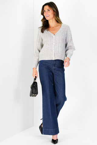 Chloe Cable Knit Cardigan in Silver Shimmer