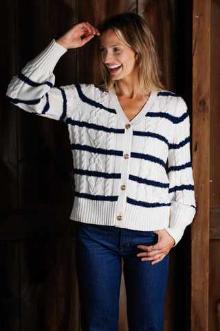 Chloe Cable Knit Cardigan in Ivory with Navy Stripes
