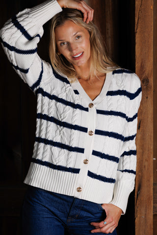 Chloe Cable Knit Cardigan in Ivory with Navy Stripes