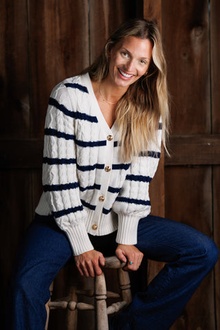 Chloe Cable Knit Cardigan in Ivory with Navy Stripes
